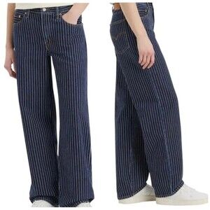 Levi's Low pro Dark Wash Blue Striped Mid-Rise Straight Leg Jeans Women's 28x30